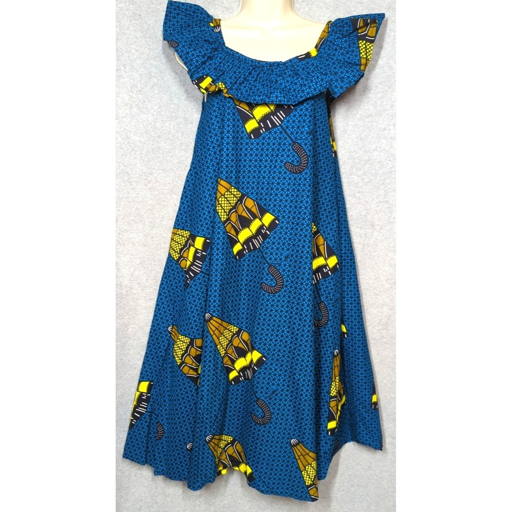Boho Sun Dress Shift M Bright Bold Blue Yellow Beach Umbrella Print Artsy Beachy